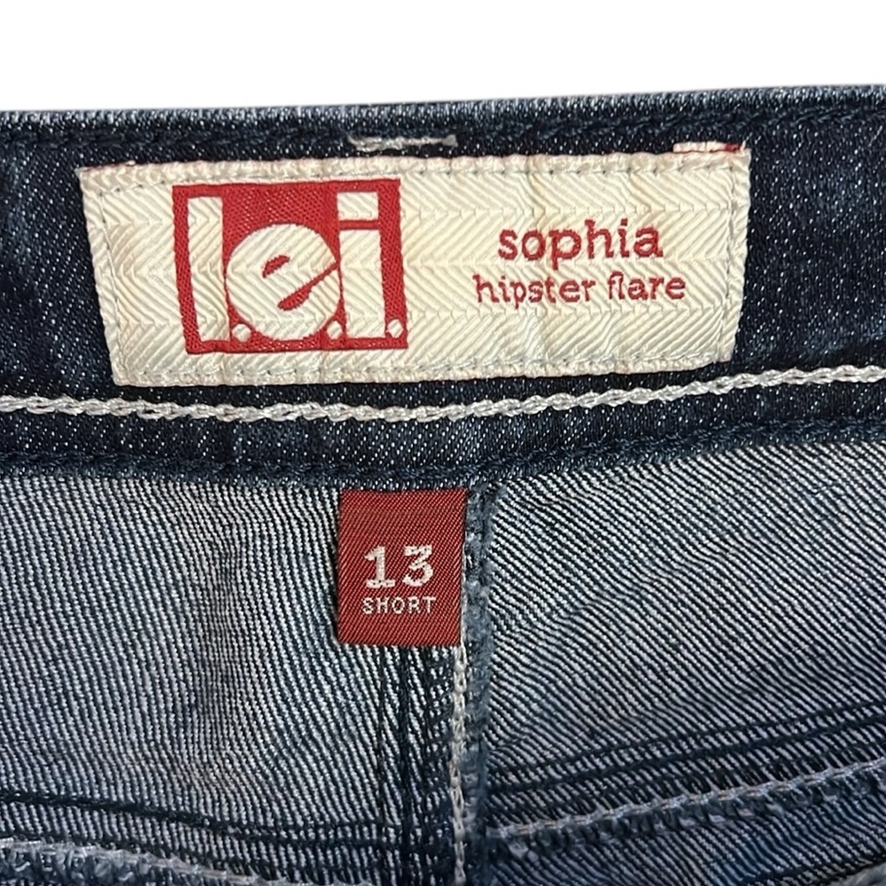 Y2K LEI Sophia Hipster Flare Jean Blue Embroidery Whispered Flap Pockets 13S/29L - Picture 7 of 13